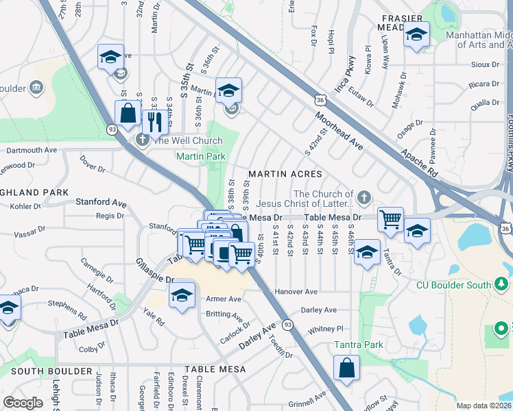 map of restaurants, bars, coffee shops, grocery stores, and more near 415 South 40th Street in Boulder