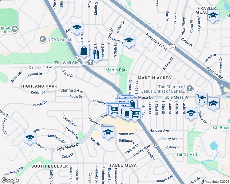 map of restaurants, bars, coffee shops, grocery stores, and more near 489 Harvard Lane in Boulder