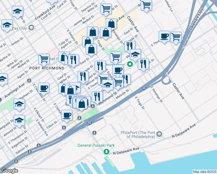 map of restaurants, bars, coffee shops, grocery stores, and more near 3412 Edgemont Street in Philadelphia
