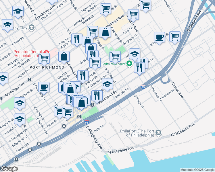 map of restaurants, bars, coffee shops, grocery stores, and more near 3412 Edgemont Street in Philadelphia