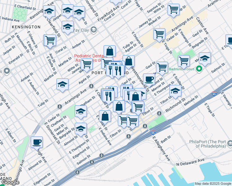 map of restaurants, bars, coffee shops, grocery stores, and more near 3174 Miller Street in Philadelphia