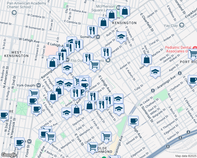 map of restaurants, bars, coffee shops, grocery stores, and more near 2037 East Lehigh Avenue in Philadelphia