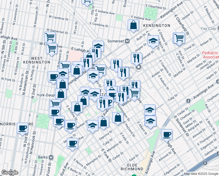 map of restaurants, bars, coffee shops, grocery stores, and more near 2633 Emerald Street in Philadelphia