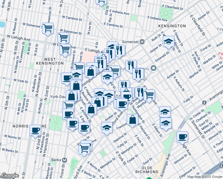 map of restaurants, bars, coffee shops, grocery stores, and more near 1930 East Huntingdon Street in Philadelphia