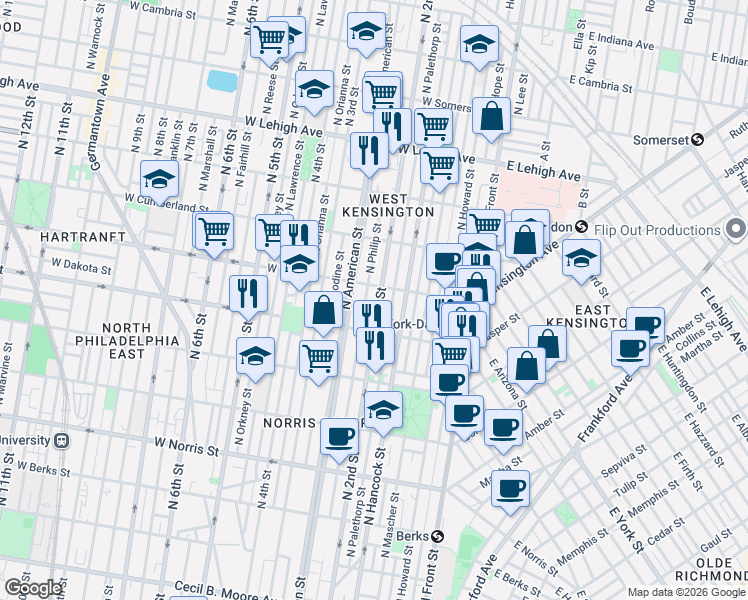 map of restaurants, bars, coffee shops, grocery stores, and more near 229 West York Street in Philadelphia