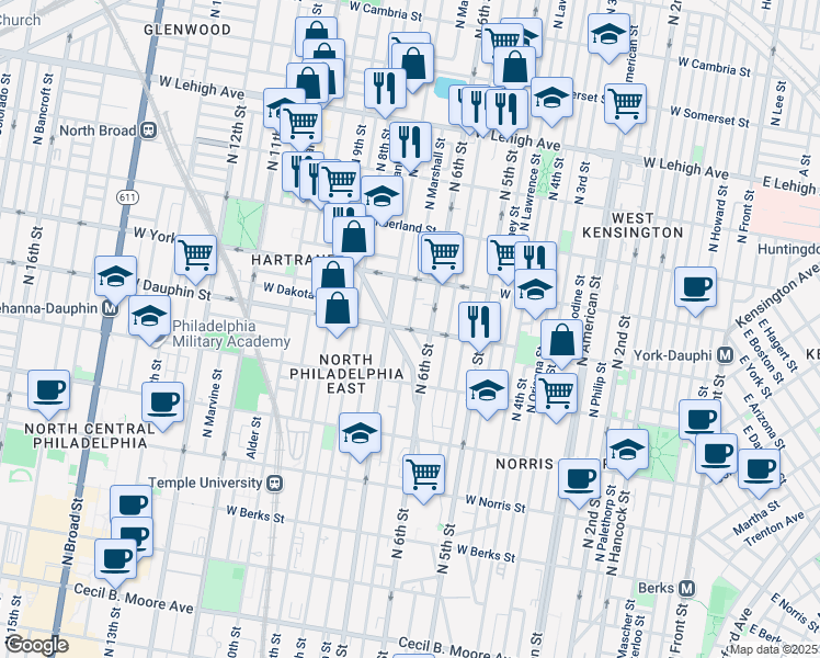 map of restaurants, bars, coffee shops, grocery stores, and more near 2325 North Marshall Street in Philadelphia