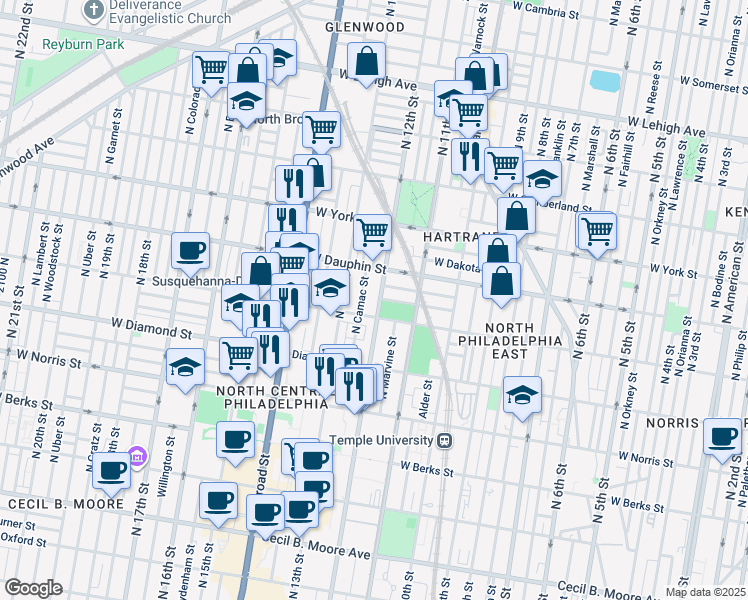 map of restaurants, bars, coffee shops, grocery stores, and more near 2247 North Camac Street in Philadelphia