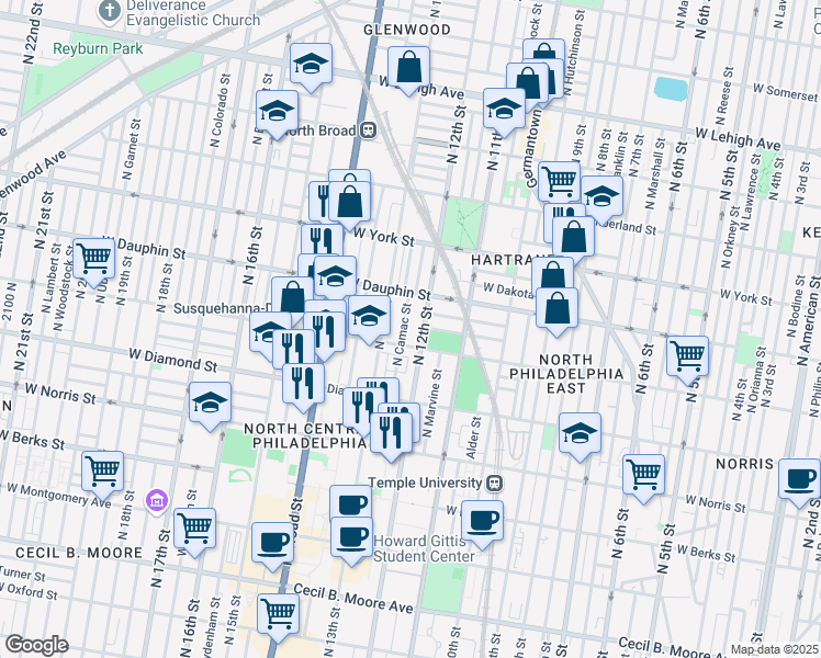 map of restaurants, bars, coffee shops, grocery stores, and more near 2247 North Camac Street in Philadelphia