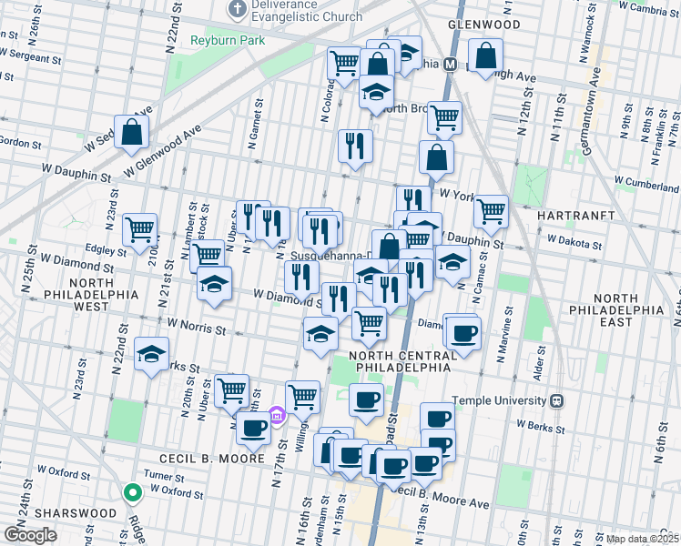 map of restaurants, bars, coffee shops, grocery stores, and more near in Philadelphia