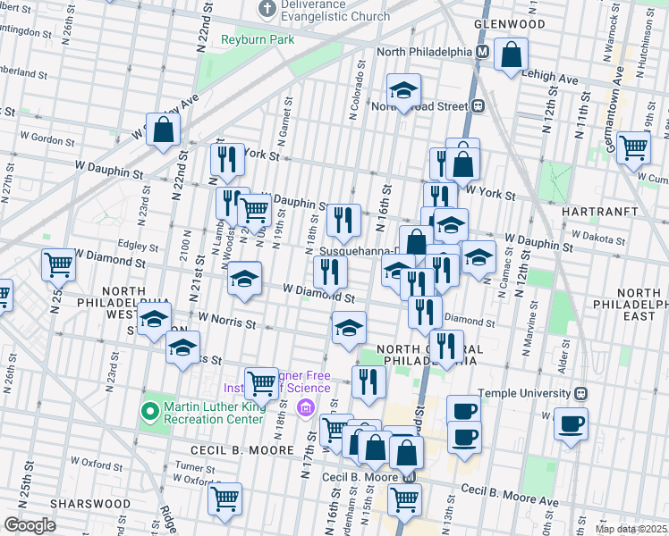 map of restaurants, bars, coffee shops, grocery stores, and more near 1718 West Susquehanna Avenue in Philadelphia