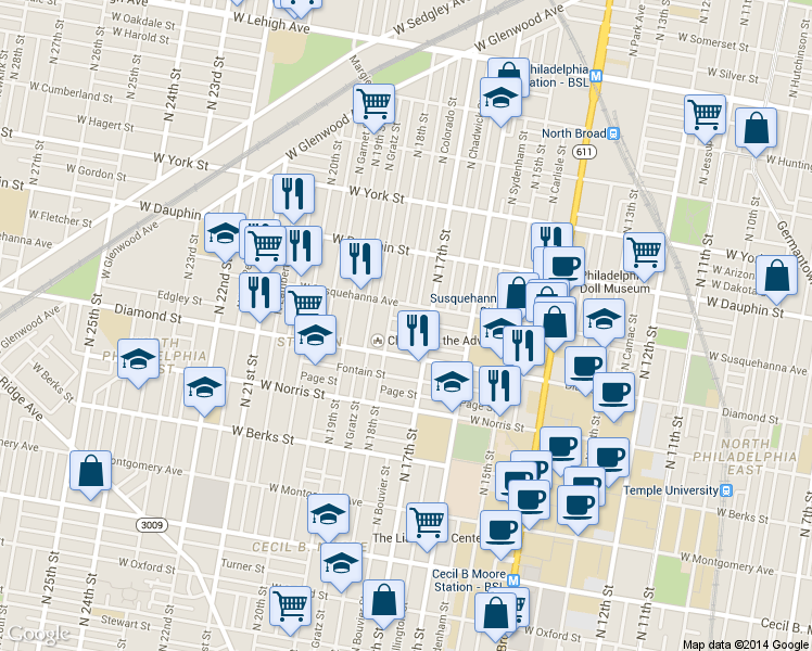 map of restaurants, bars, coffee shops, grocery stores, and more near 1718 West Susquehanna Avenue in Philadelphia
