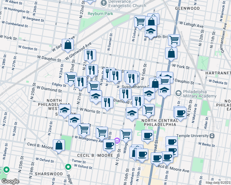 map of restaurants, bars, coffee shops, grocery stores, and more near 1828 West Susquehanna Avenue in Philadelphia