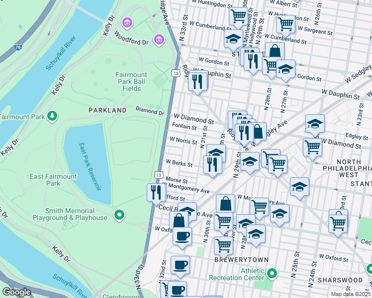 map of restaurants, bars, coffee shops, grocery stores, and more near in Philadelphia