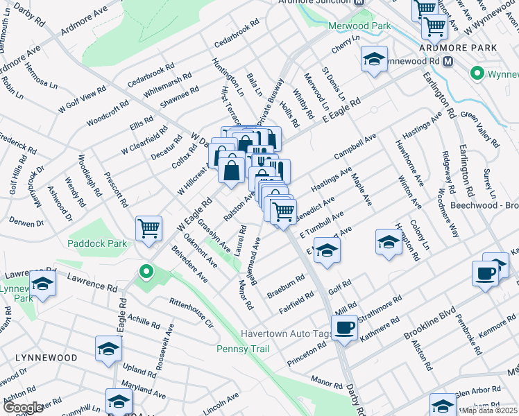 map of restaurants, bars, coffee shops, grocery stores, and more near 2229 East Darby Road in Havertown