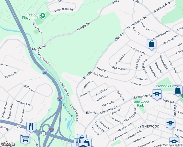 map of restaurants, bars, coffee shops, grocery stores, and more near 405 Ellis Road in Havertown