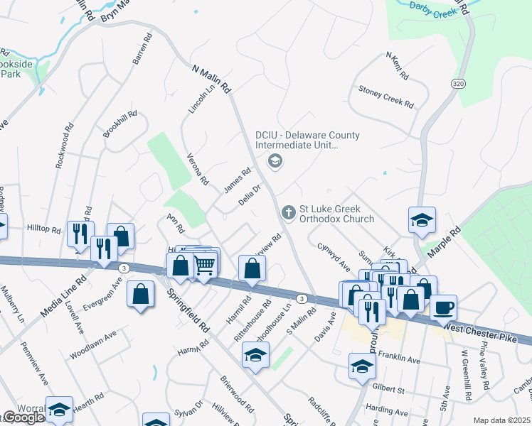 map of restaurants, bars, coffee shops, grocery stores, and more near 59-61 North Malin Road in Broomall