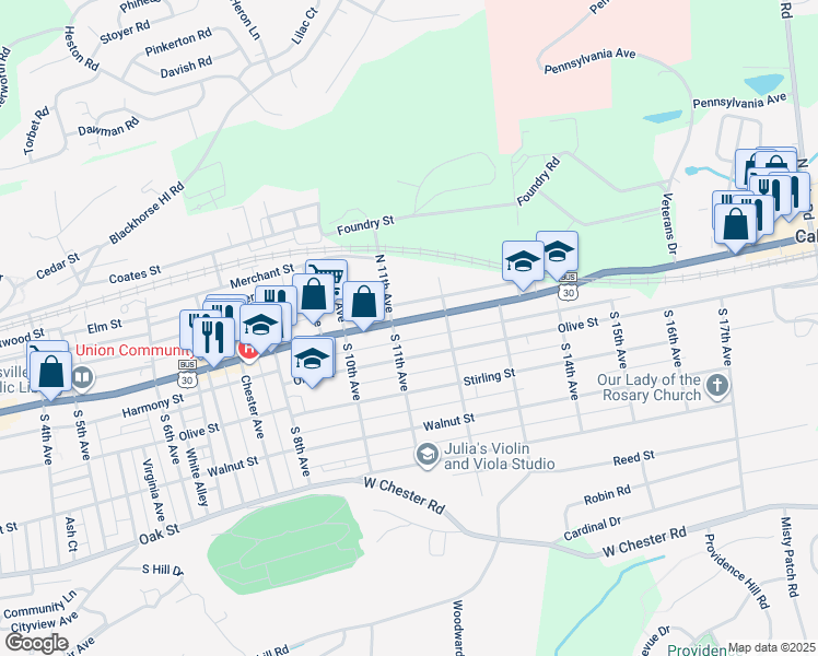 map of restaurants, bars, coffee shops, grocery stores, and more near 1108 West Lincoln Highway in Coatesville