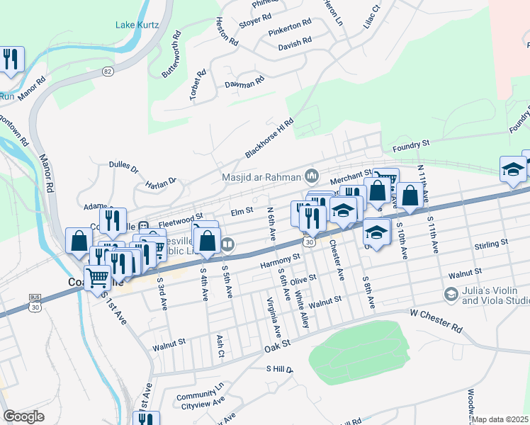 map of restaurants, bars, coffee shops, grocery stores, and more near 606 Merchant Street in Coatesville