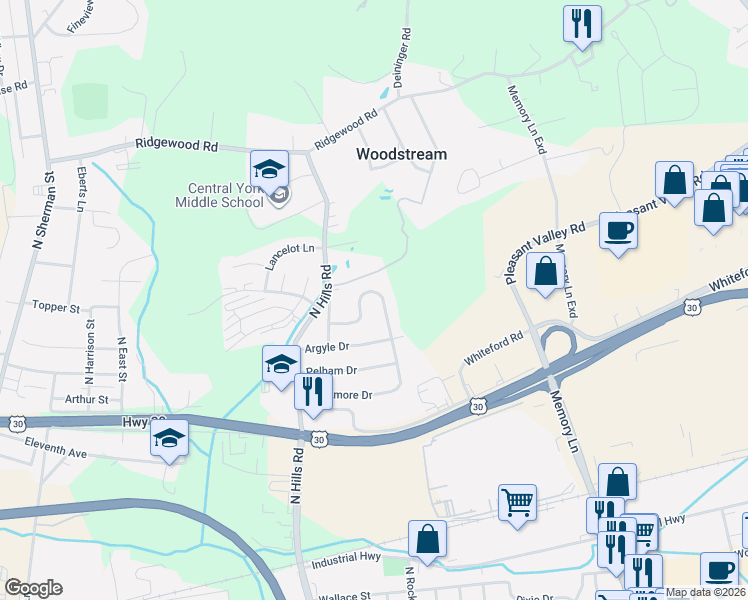 map of restaurants, bars, coffee shops, grocery stores, and more near 1749 San Gabriel Drive in York