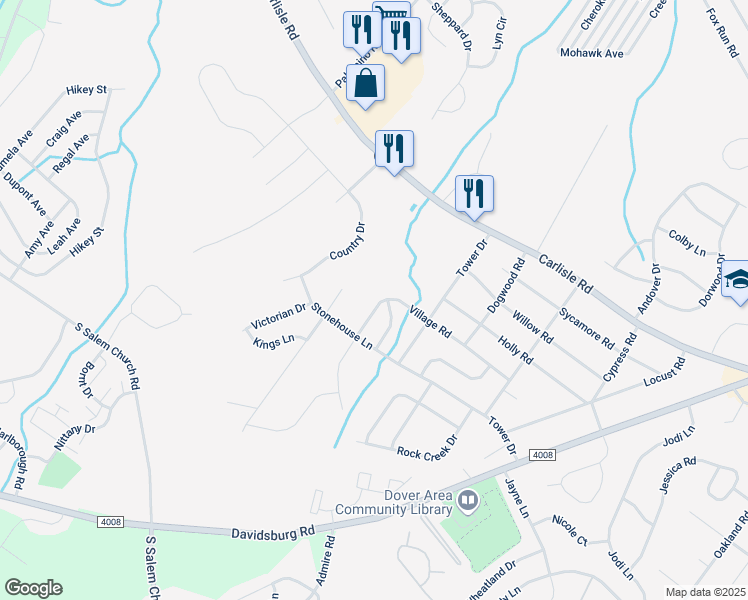map of restaurants, bars, coffee shops, grocery stores, and more near 2507 Village Road in Dover