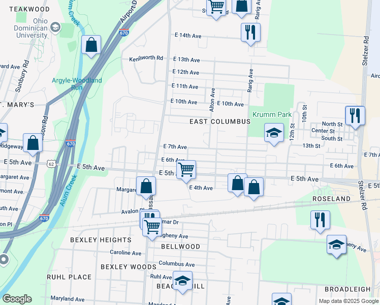 map of restaurants, bars, coffee shops, grocery stores, and more near 2806 East 7th Avenue in Columbus
