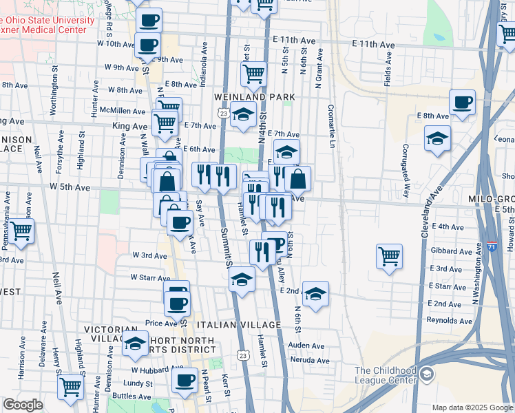 map of restaurants, bars, coffee shops, grocery stores, and more near 1186-1190 East 4th Avenue in Columbus