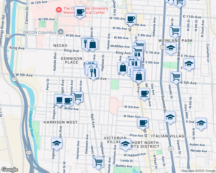 map of restaurants, bars, coffee shops, grocery stores, and more near 163 West 5th Avenue in Columbus