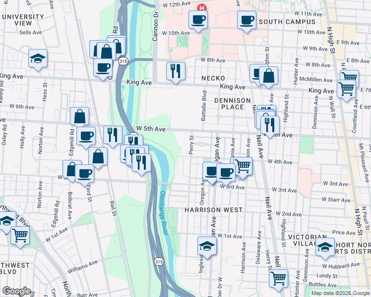 map of restaurants, bars, coffee shops, grocery stores, and more near 498 Vermont Place in Columbus