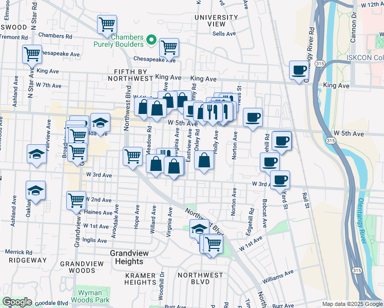 map of restaurants, bars, coffee shops, grocery stores, and more near 1378 Eastview Avenue in Columbus