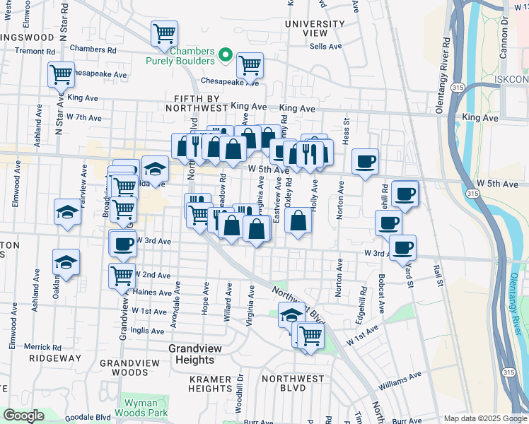 map of restaurants, bars, coffee shops, grocery stores, and more near 1383 Virginia Avenue in Columbus