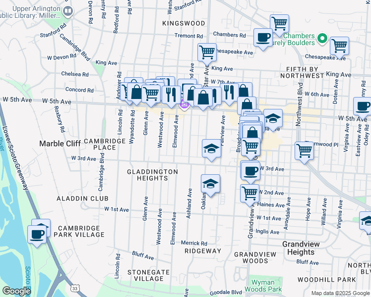 map of restaurants, bars, coffee shops, grocery stores, and more near 1461 Ashland Avenue in Columbus