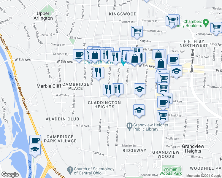 map of restaurants, bars, coffee shops, grocery stores, and more near 1467 Elmwood Avenue in Columbus