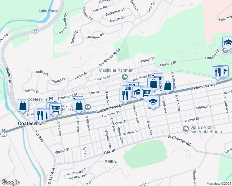 map of restaurants, bars, coffee shops, grocery stores, and more near 635 East Chestnut Street in Coatesville