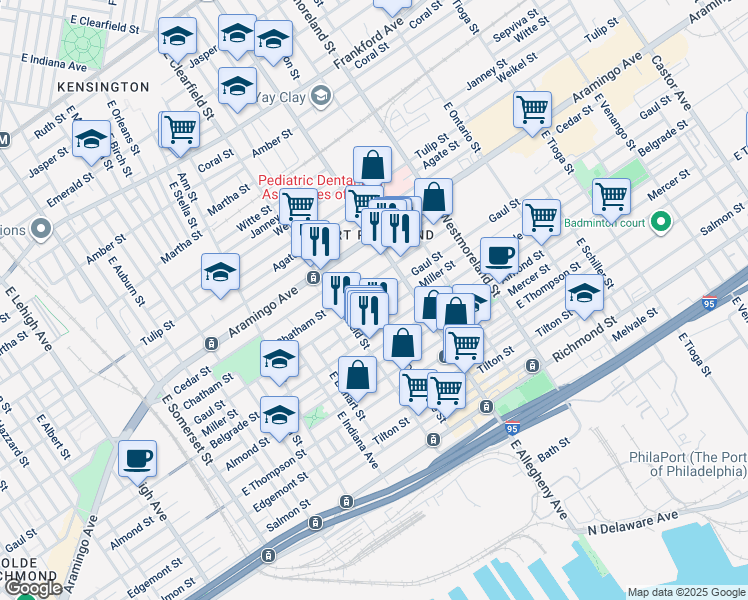 map of restaurants, bars, coffee shops, grocery stores, and more near 3147 Gaul Street in Philadelphia
