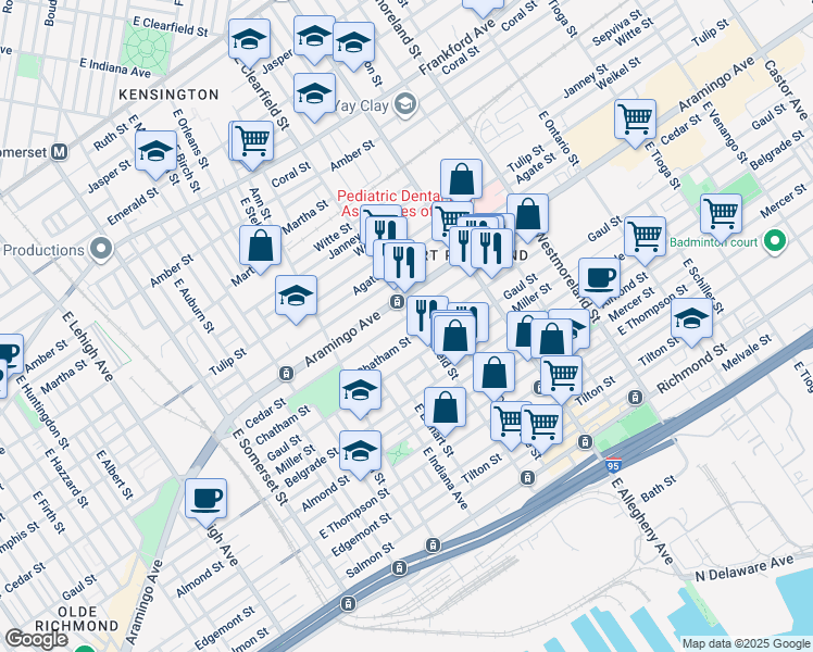 map of restaurants, bars, coffee shops, grocery stores, and more near 3083 Cedar Street in Philadelphia