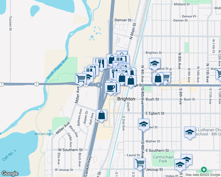 map of restaurants, bars, coffee shops, grocery stores, and more near 55 West Bridge Street in Brighton