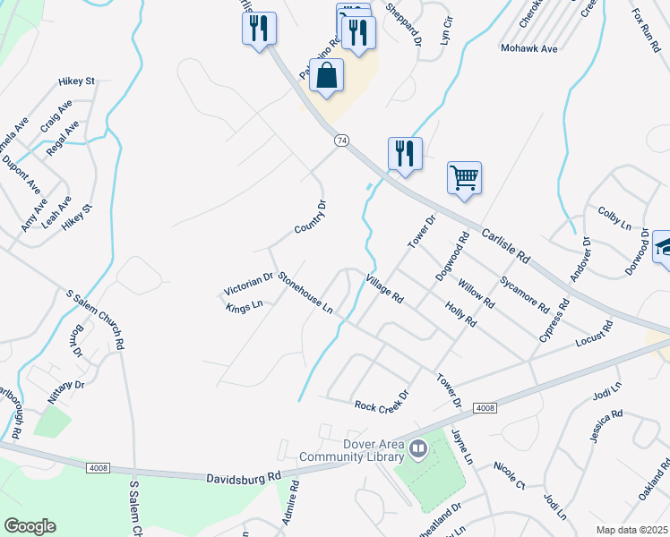 map of restaurants, bars, coffee shops, grocery stores, and more near 2507 Village Road in Dover