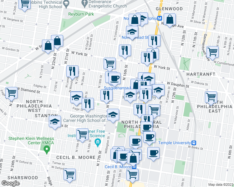 map of restaurants, bars, coffee shops, grocery stores, and more near 1621 French Street in Philadelphia