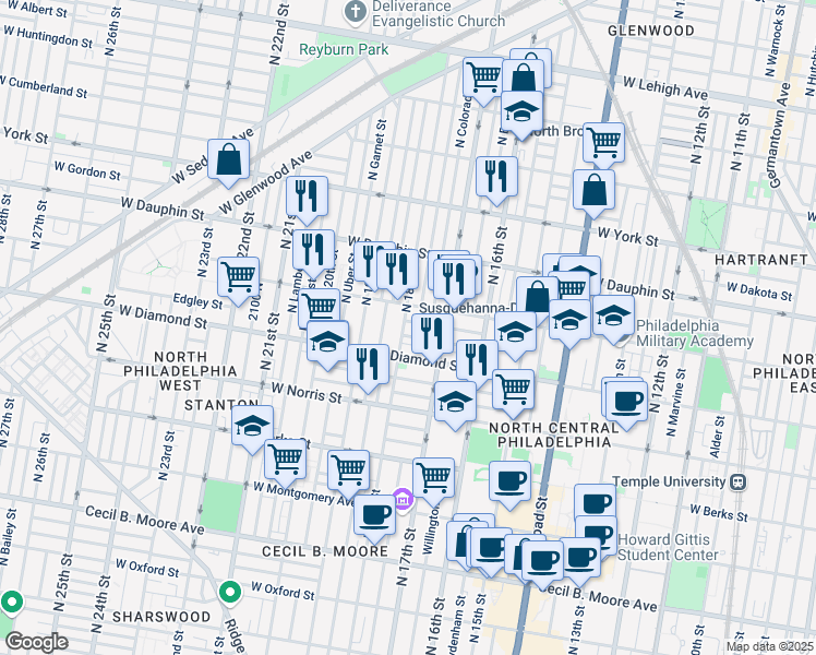 map of restaurants, bars, coffee shops, grocery stores, and more near 2121 North 18th Street in Philadelphia