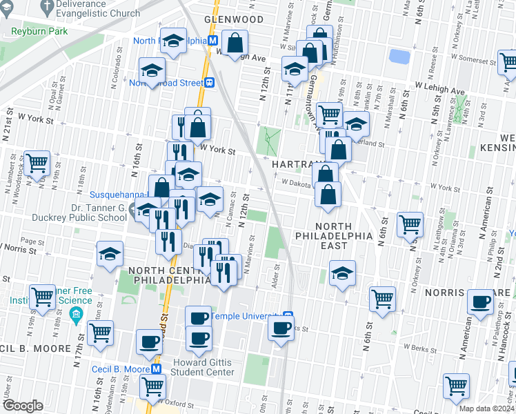 map of restaurants, bars, coffee shops, grocery stores, and more near 1119 West Colona Street in Philadelphia