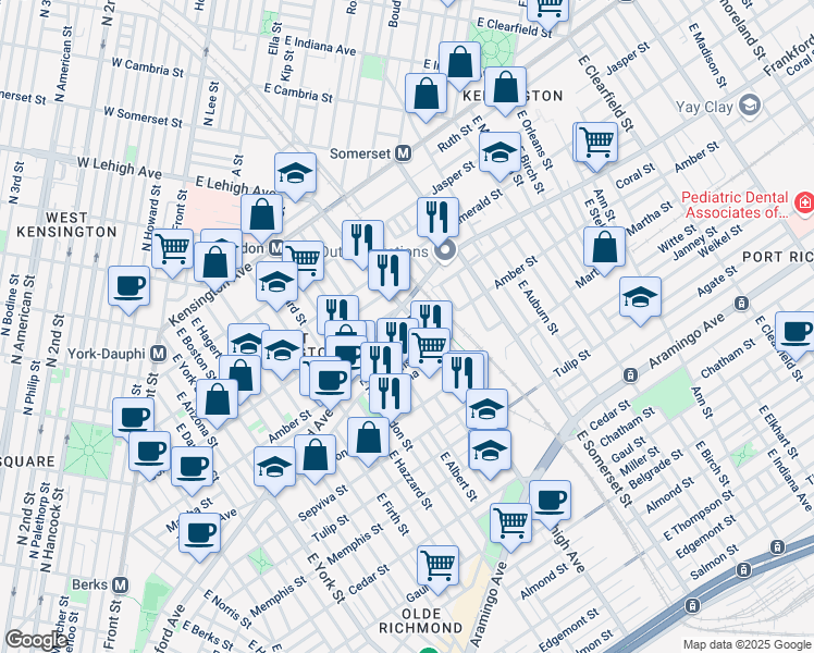 map of restaurants, bars, coffee shops, grocery stores, and more near 2046 East Lehigh Avenue in Philadelphia
