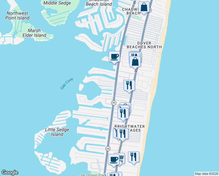 map of restaurants, bars, coffee shops, grocery stores, and more near 205 Harbor Drive in Lavallette