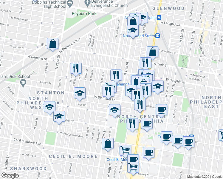 map of restaurants, bars, coffee shops, grocery stores, and more near French Street in Philadelphia