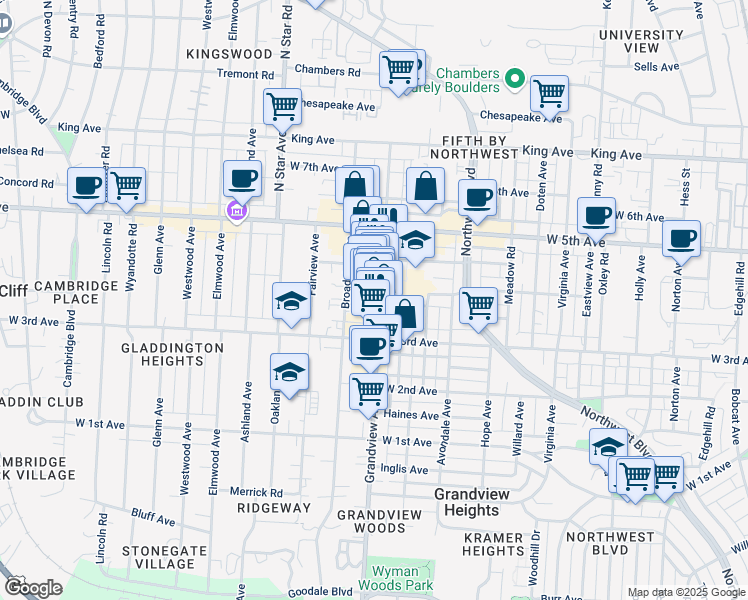 map of restaurants, bars, coffee shops, grocery stores, and more near 1409 Grandview Avenue in Columbus