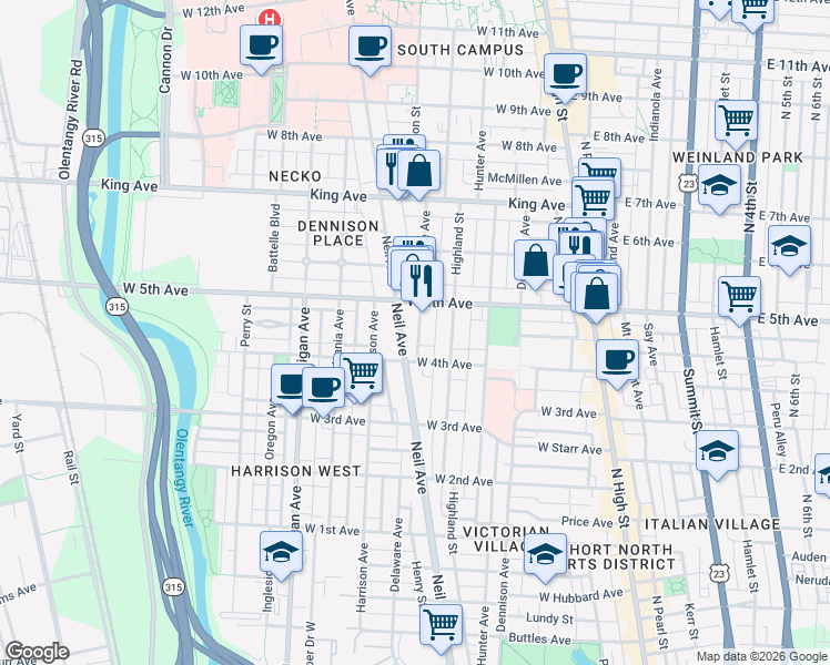 map of restaurants, bars, coffee shops, grocery stores, and more near in Columbus