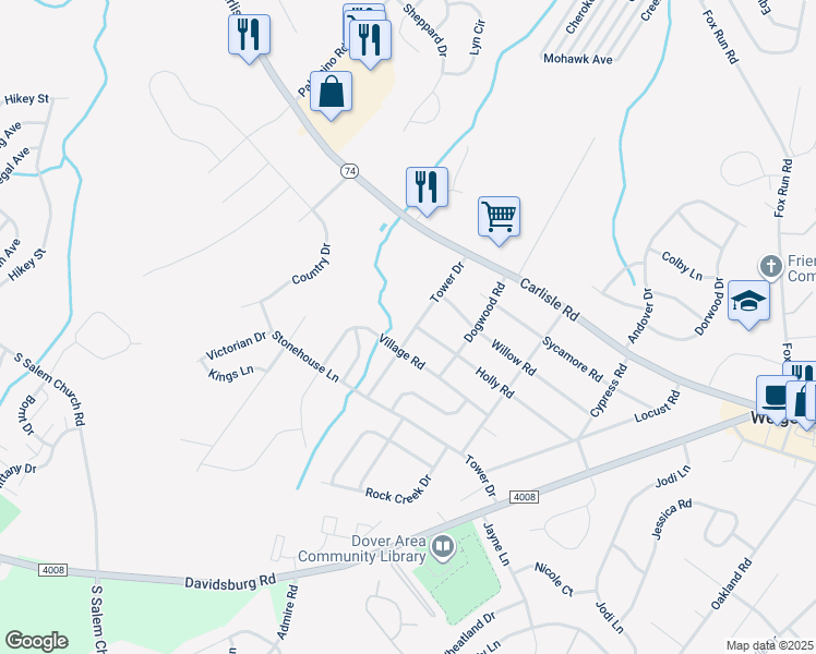 map of restaurants, bars, coffee shops, grocery stores, and more near 2401 Tower Drive in Dover