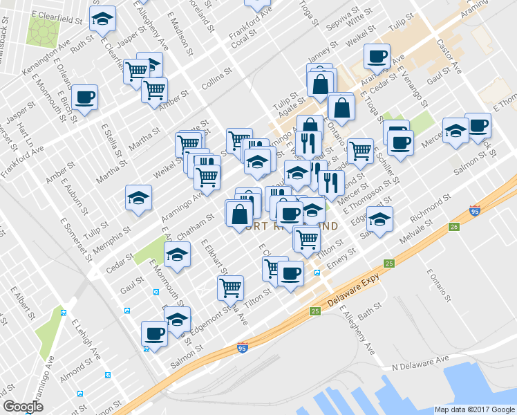 map of restaurants, bars, coffee shops, grocery stores, and more near 3176 Miller Street in Philadelphia