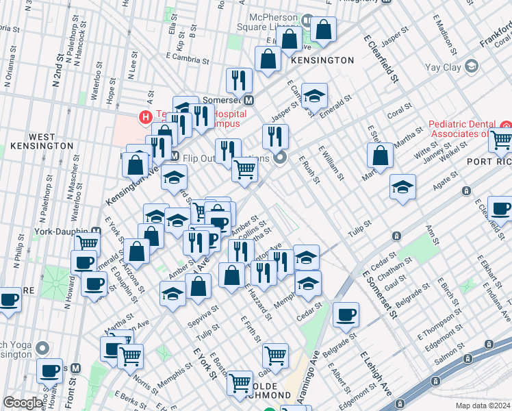 map of restaurants, bars, coffee shops, grocery stores, and more near 2046 East Lehigh Avenue in Philadelphia
