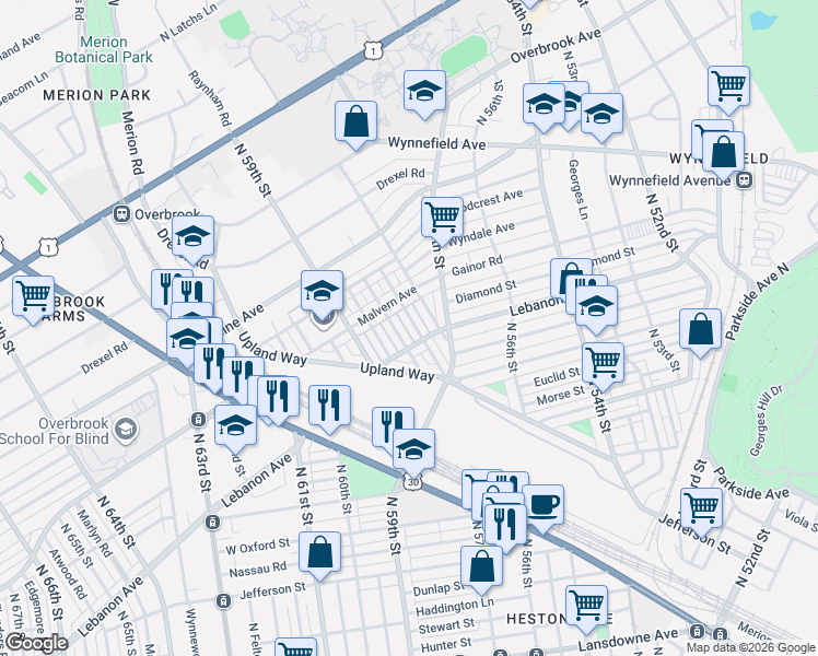 map of restaurants, bars, coffee shops, grocery stores, and more near 2135 North Wanamaker Street in Philadelphia