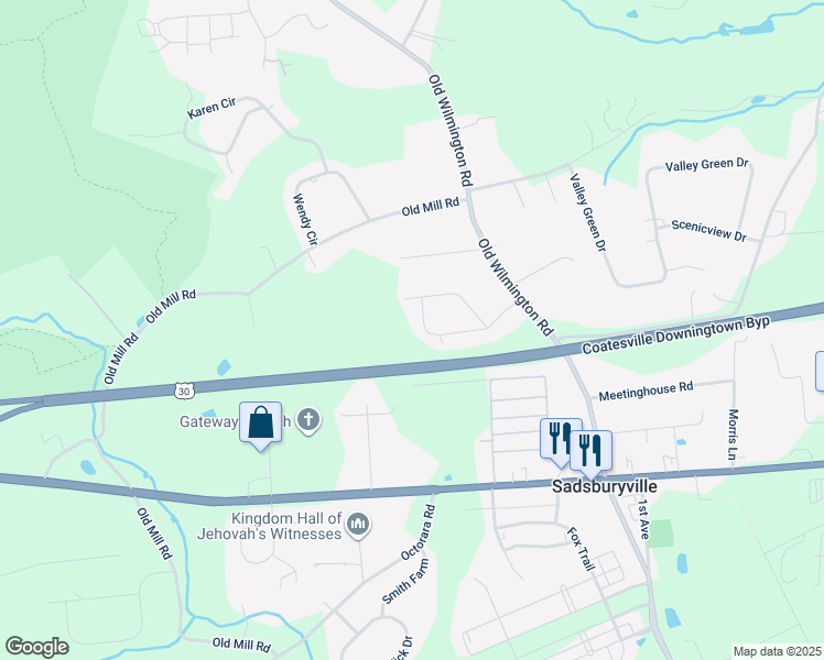 map of restaurants, bars, coffee shops, grocery stores, and more near 64 Frederick Road in Coatesville